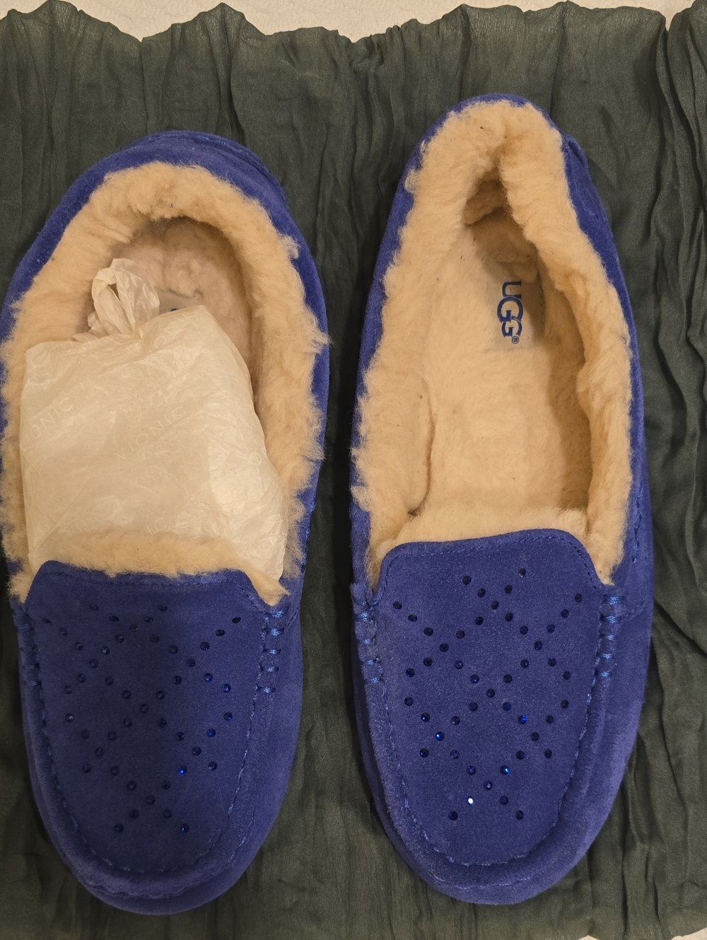 UGG Royal Blue Suede Shearling Moccasin Slippers